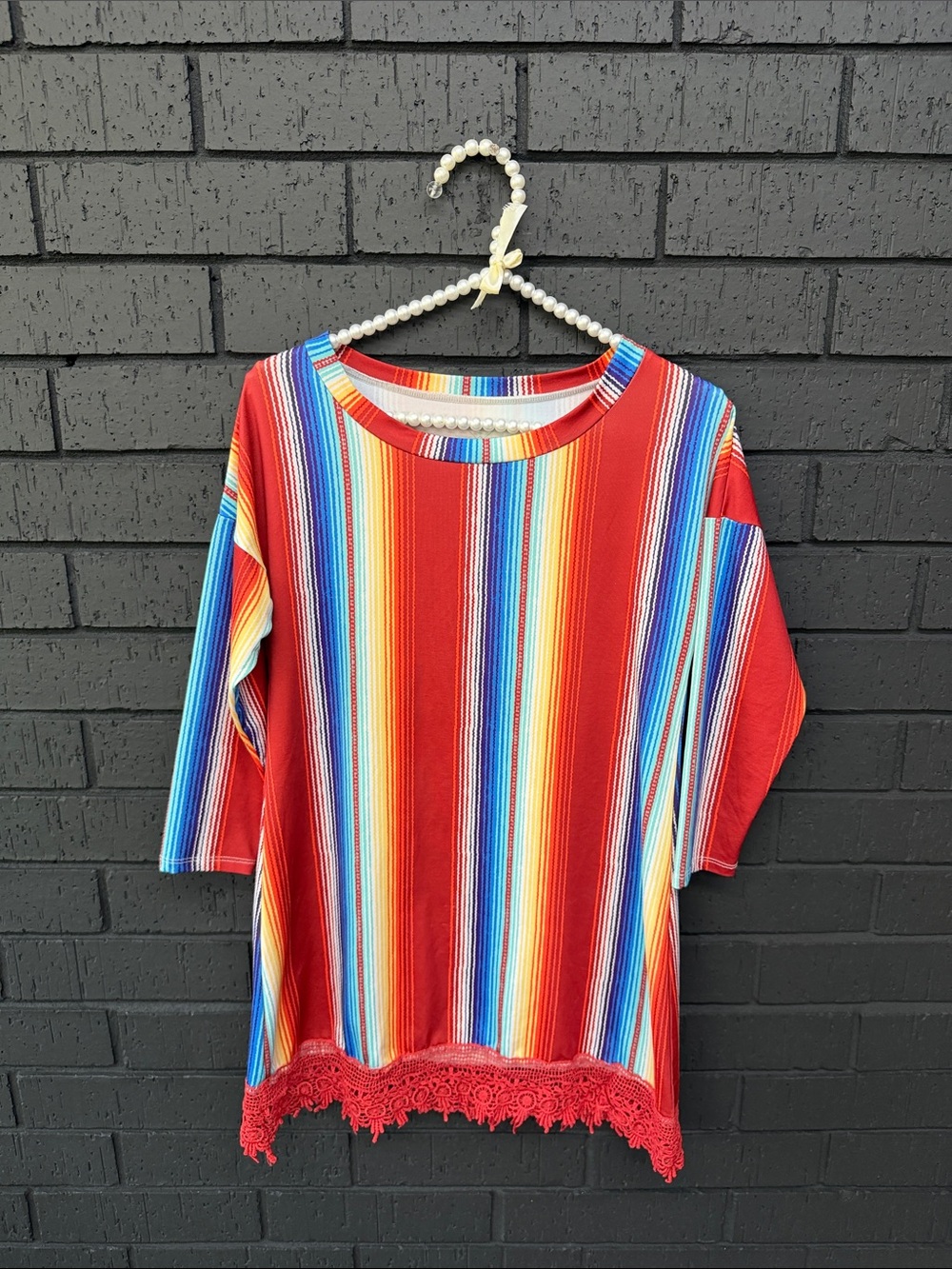 Vibrant Red Multicolor Striped Top with Crochet Hem